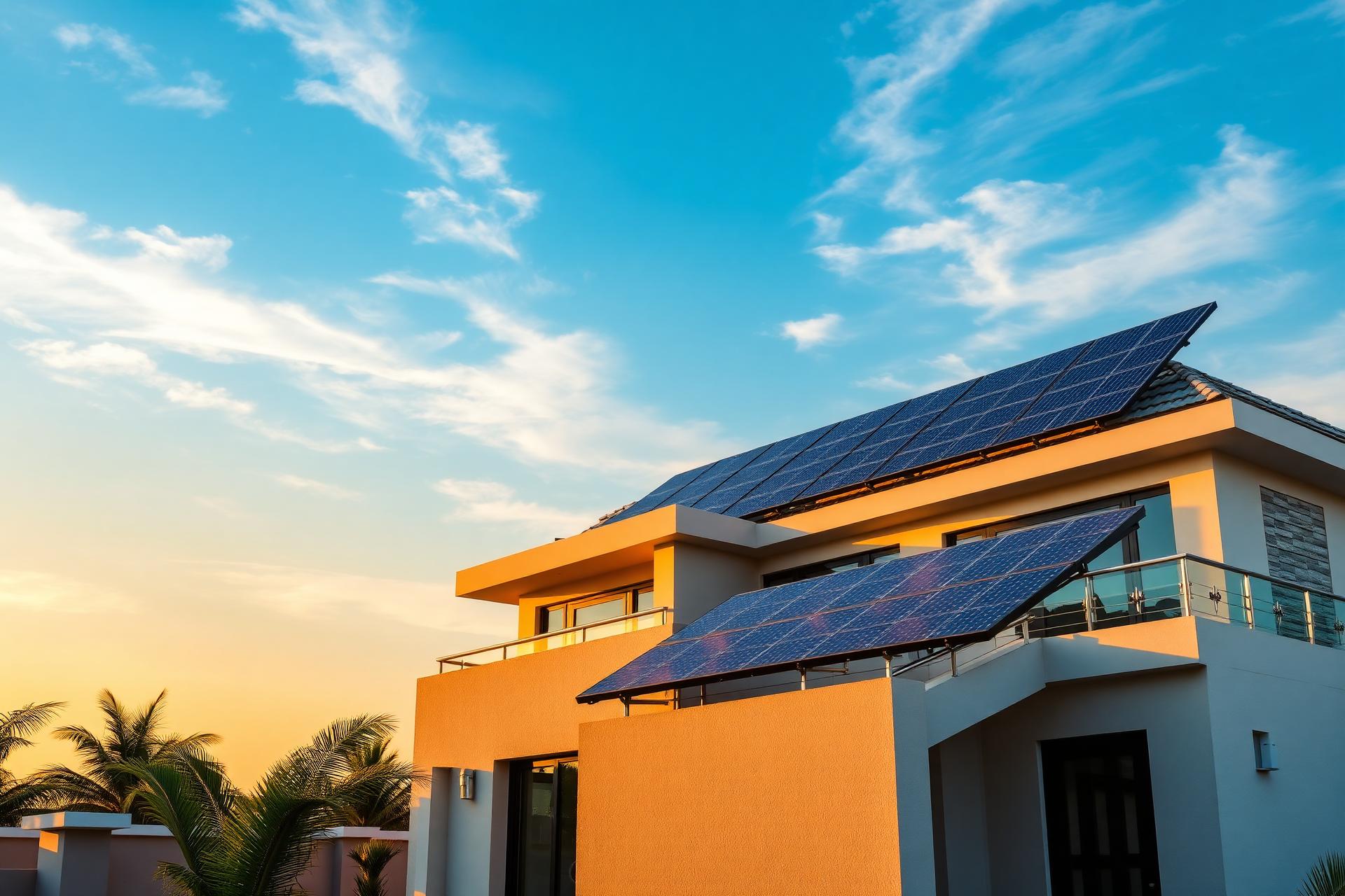 Modern home with solar panels at sunset